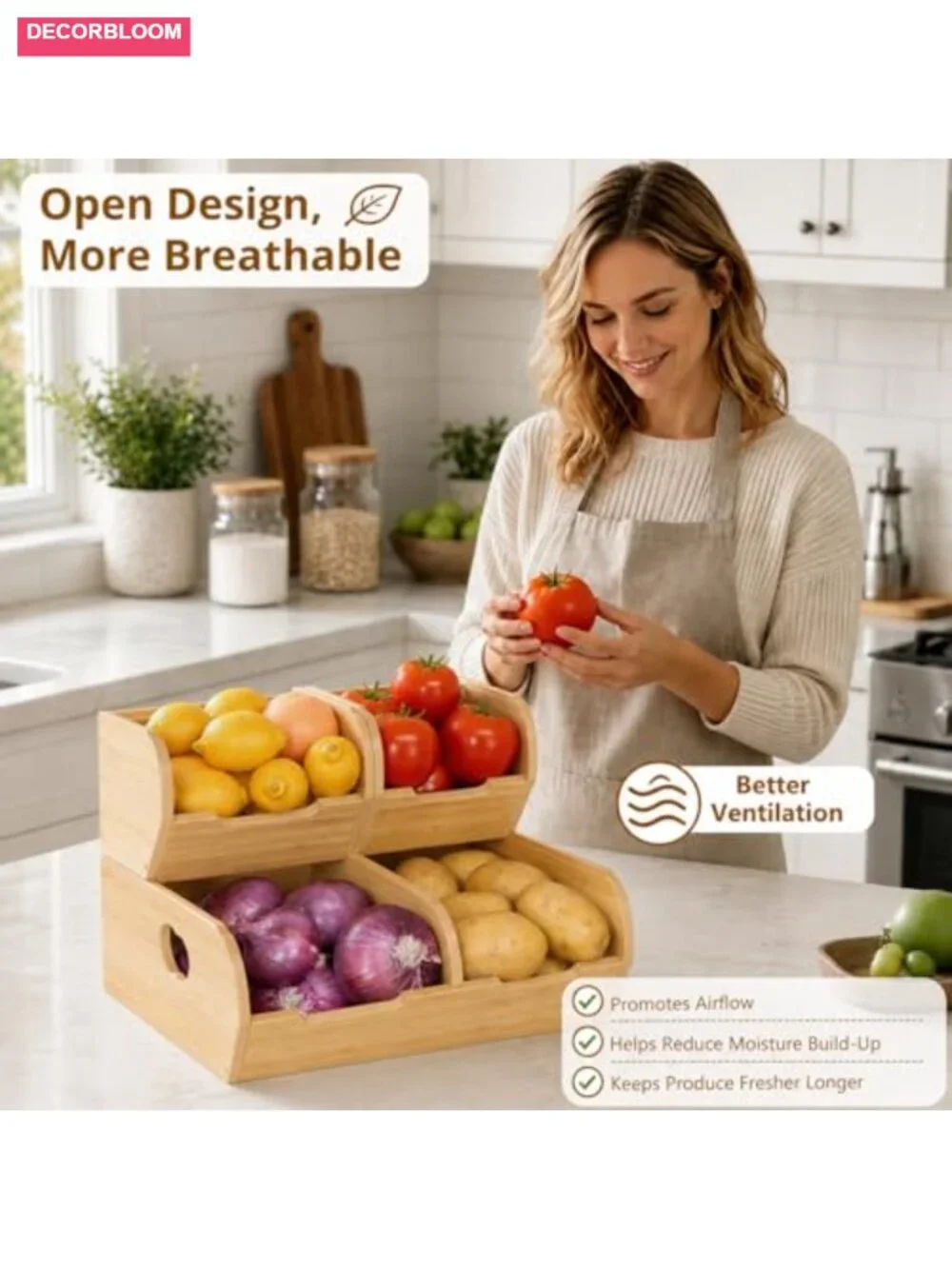 Bamboo Potato Onion Storage Bin 3 Pack Stackable Produce Basket